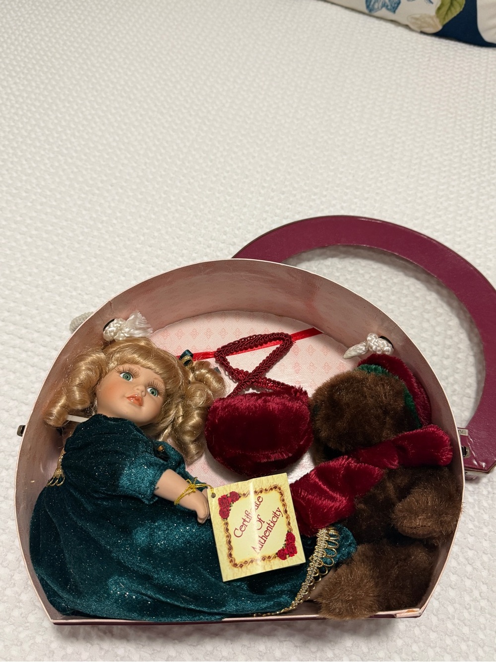 Vintage-Inspired Velvet Doll Set in Emerald Green and Burgundy